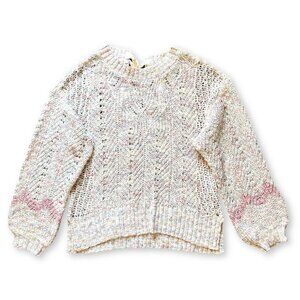 Lauren Conrad Open Knit Sweater Women Sz L Cream Chunky Chevron Tie Neck Balloon